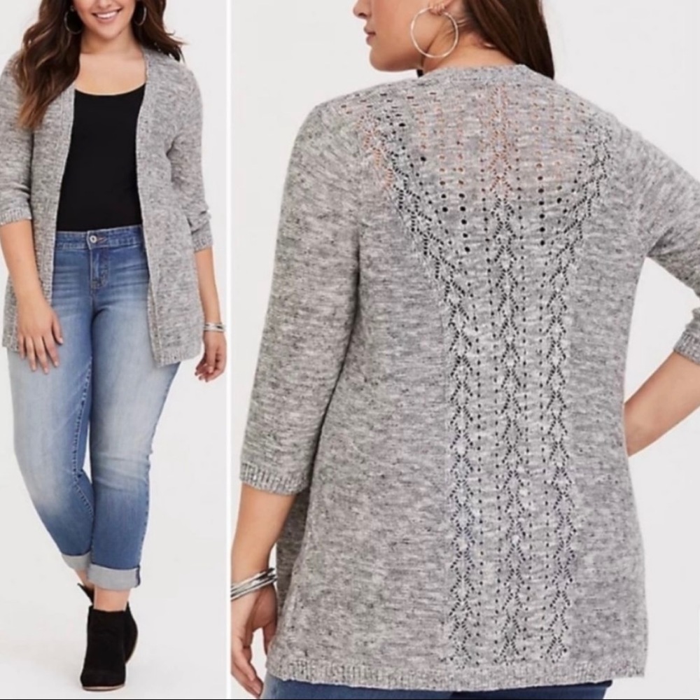 Torrid Grey Open knit sweater cardigan crochet back.